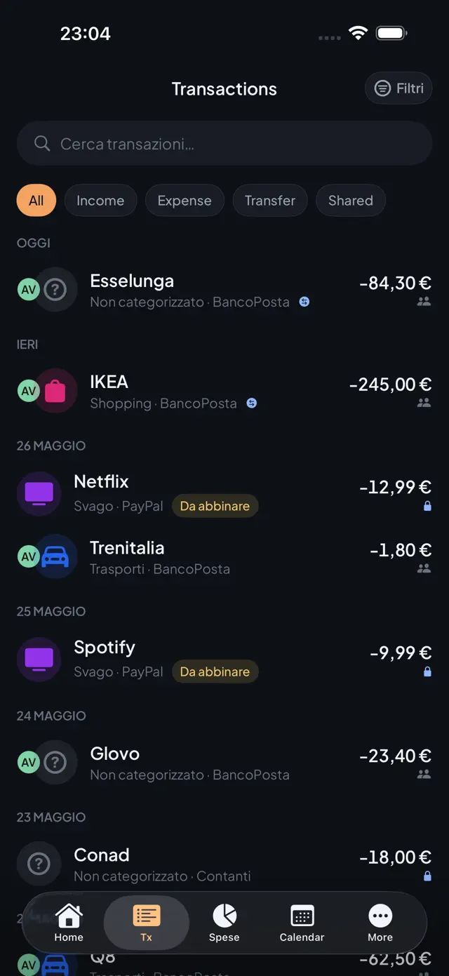 Lista movimenti con categorie e split